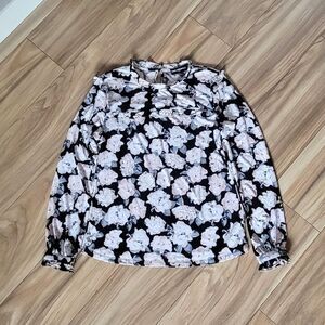 Karl Lagerfeld Paris Long Sleeve Flutter Ruffle Blouse in Light Pink Rose Floral